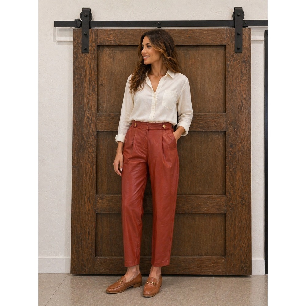 LOFT Curvy Faux Leather Tapered Pants Rust Brown Gold Button High Rise Size 0